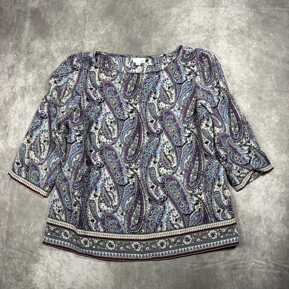J Jill Women Large Petite Purple Paisley 3/4 Sleeve Boat Neck Blouse Top Cottage